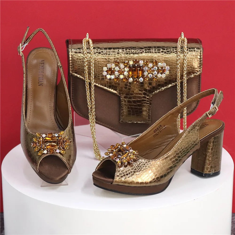 Women's Open Toe Heels Fashionable Rhinestone Decoration Shoe and Bag Set