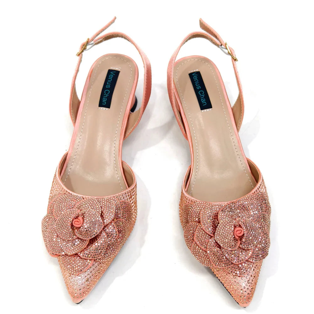 Women's Pointed-Toe Large Flower Decoration Rhinestone Low Heel Italian Shoes and Bags Set