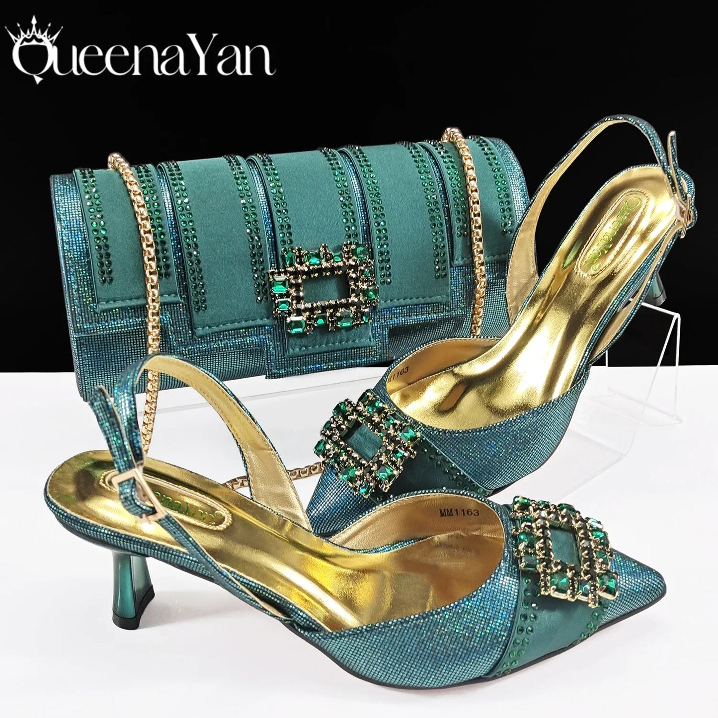 Nigeria Elegant Noble Party Wedding Shoes And Bag Pointed Toe Decorated With Rhinestone Women's Heel Shoes