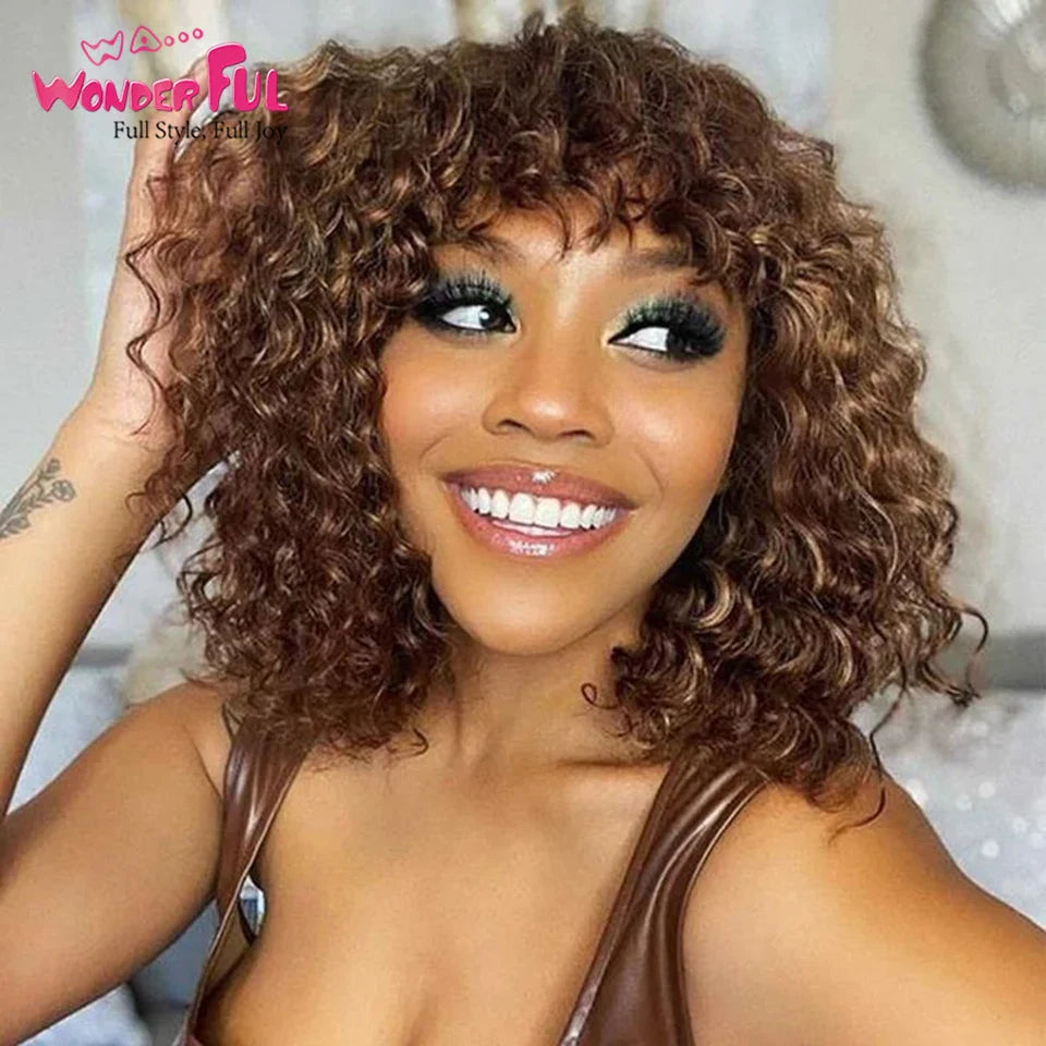 Brazilian Jerry Curl Human Hair Bob Wigs With Bang For Black Women Wonderful Black Dark Remy Bob Hair Machine Made Cheap Wigs