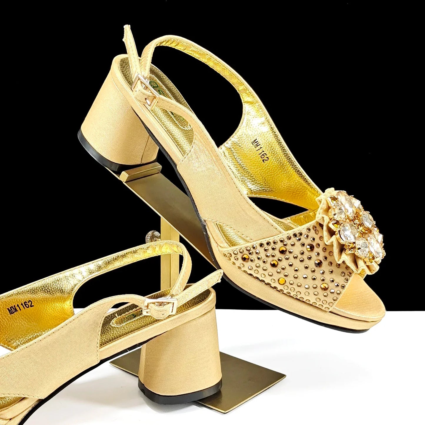 QSGFC Open Toe Women Heels for 2024 Elegant Party Olive Color Diamond Pumps Italian Shoes and Bags Matching Set