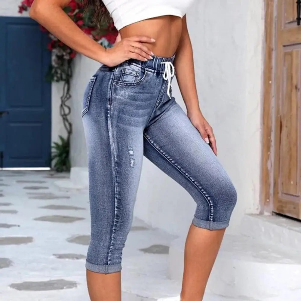 2024 High Waist Jeans Women Leggings Vintage Elastic High Waist Drawstring Pockets Denim Pants Calf Length Jeans Slim Fit Capris