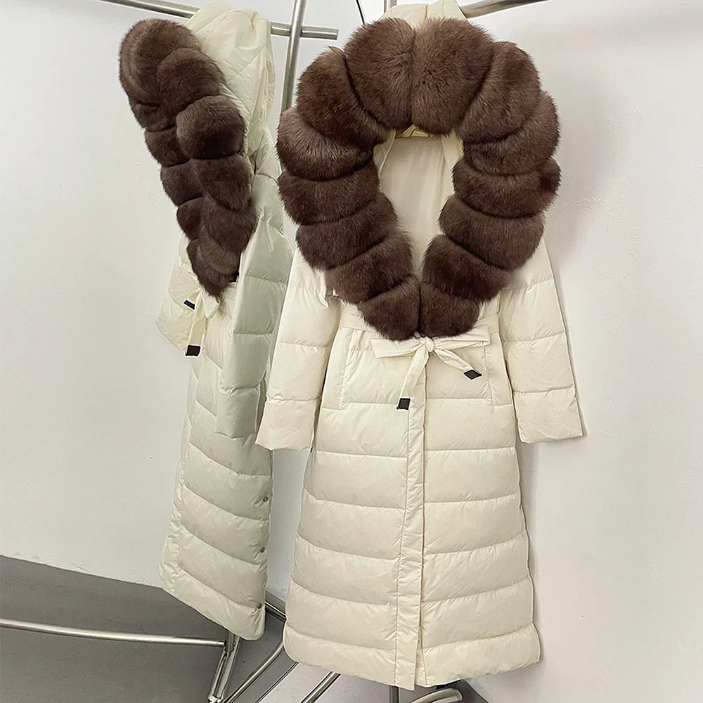 Real Faux Fur Collar Puffer Jacket Duck Down Thick Coat For Women