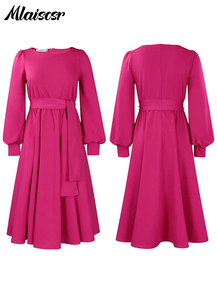 Mlaiscsr Elegant Dinner Prom Yellow A Line Mid Dresses Women O Neck Full Sleeve Belt Waisted Pleated  Female Birthday Party Robe