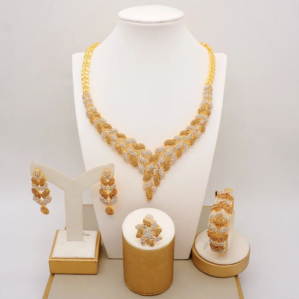 Latest Italian Dubai Gold Color Ladies Full Crystal Necklace Jewelry Set Simple Ring Bracelet Earrings African Jewelry Wedding