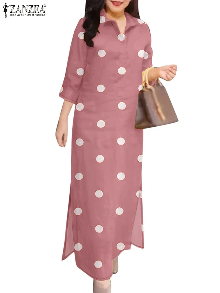 Eleagnt Polka Dot Women Dress Plus Size Summer Sundress 2025 ZANZEA Fashion Lapel Neck 3/4 Sleeve Baggy Work Vestidos Robe Femme
