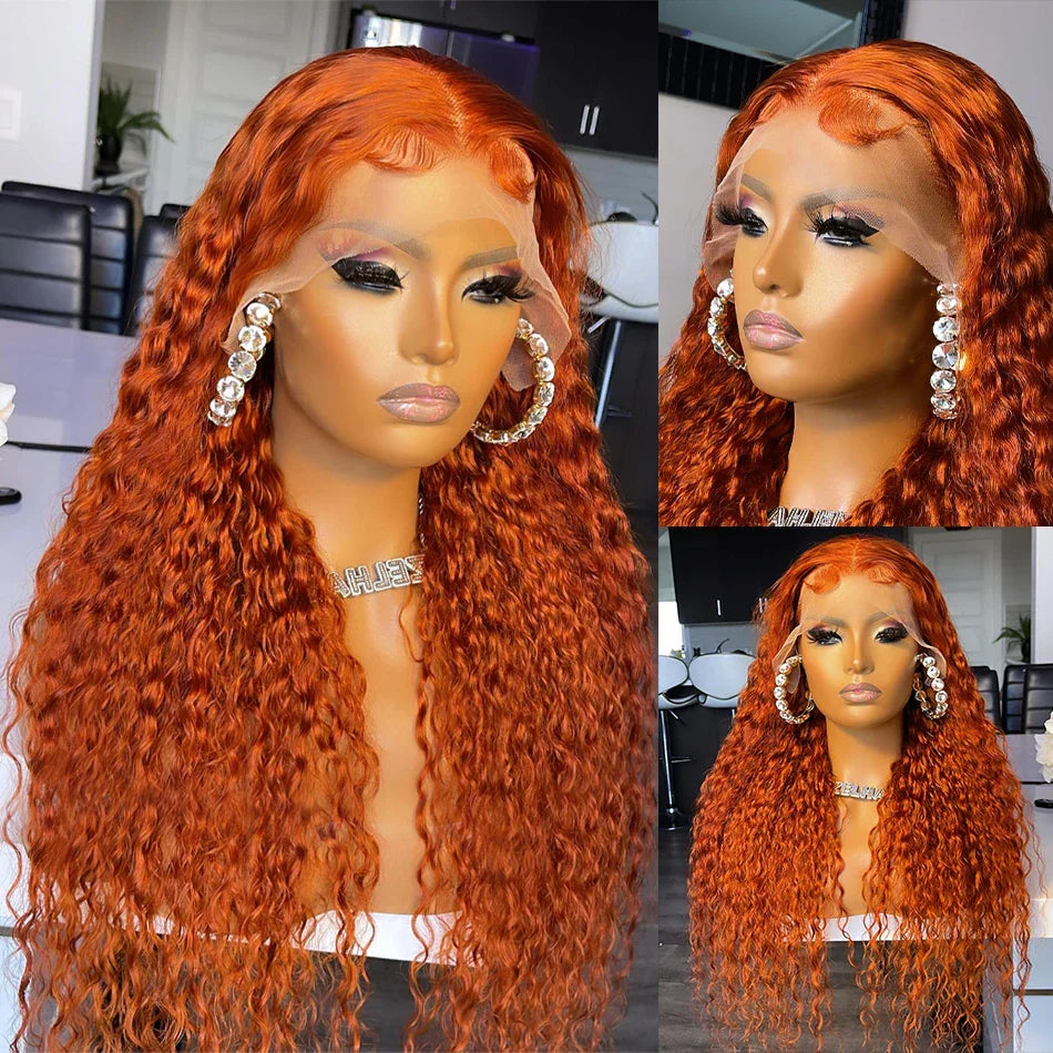 13x4 13x6 200 Density Transparent HD Lace Front Wig for Women Deep Wave Remy Human Hair  Ginger Orange 350 Color Glueless