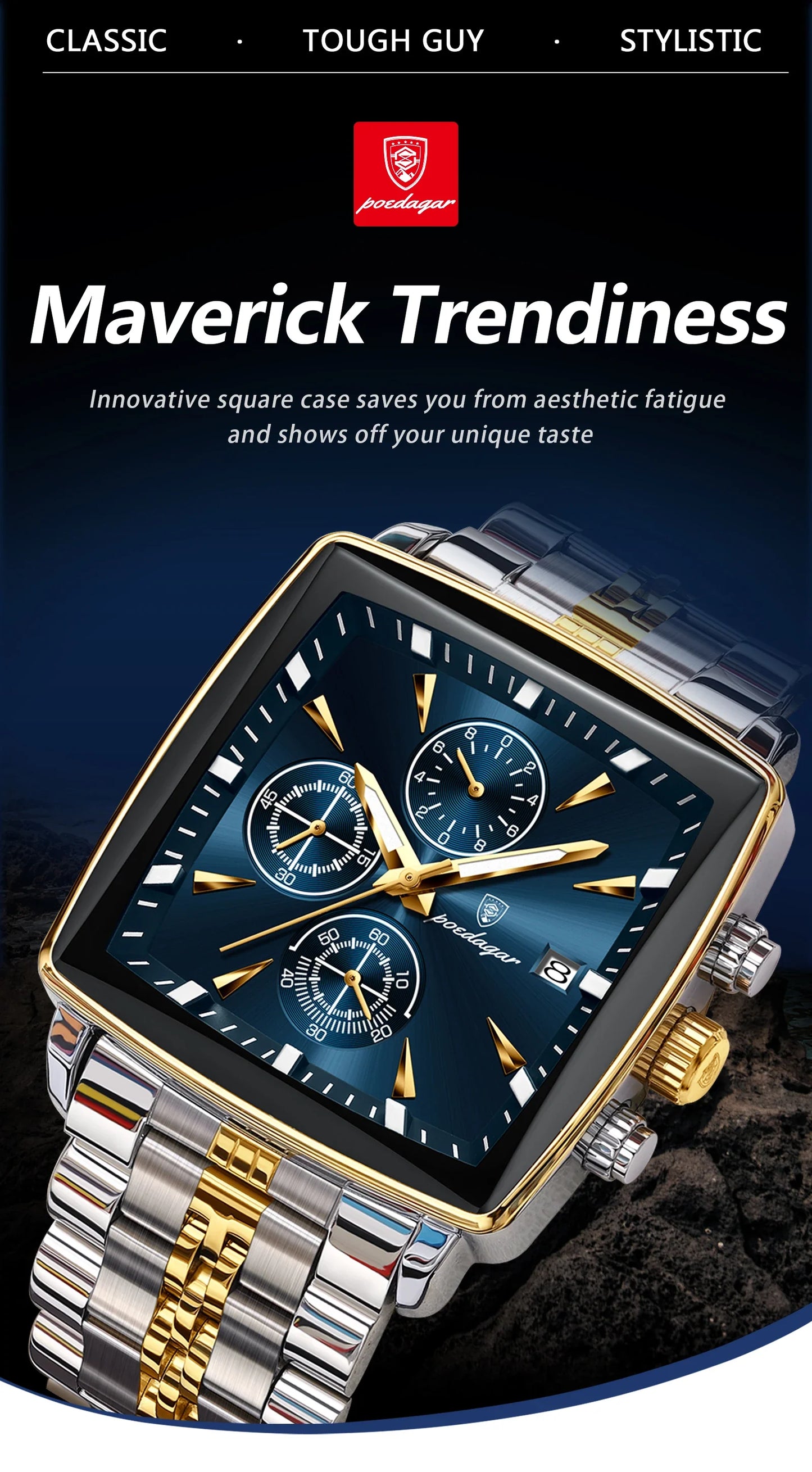 Fashion Men Watch Luminous Waterproof Chronograph Date Man Wristwatch Square Stainless Steel Quartz Men's Watches Reloj