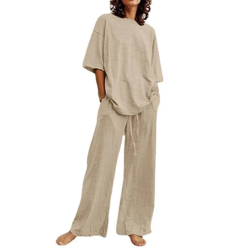 Fashion Women's 2-piece Set 2024 Summer Casual Loose Lace Up Pocket Set Half Sleeve O-Neck Top And Wide Leg Pants Set Outfits
