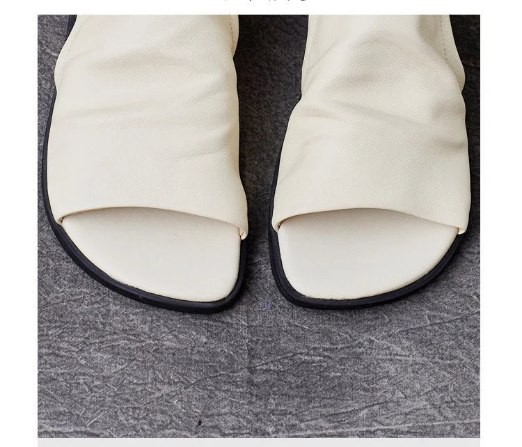 Birkuir Fashion Pleated Women Sandals Genuine Leather Flats High Top Sandals Luxury 2024 Open Toe Summer Boots Hook Loop Sandals