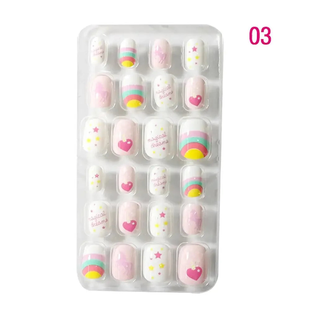 24Pcs/Set Kids Candy Flower Cute Fake Nails Detachable Full Cover False Nails Press On Nails Children Girls Nail Decoration Gift