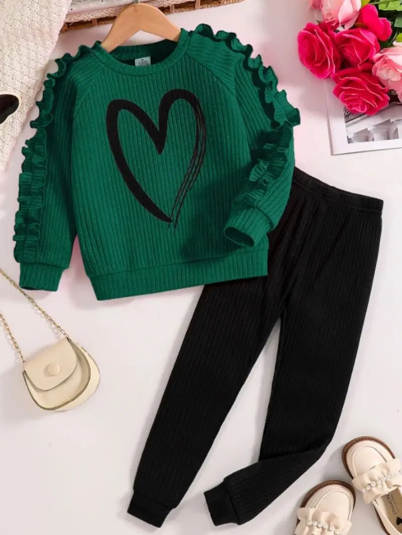 Spring and Autumn children fashion sports set girls sweater + casual pants two-piece girls cartoon heart printed clothing