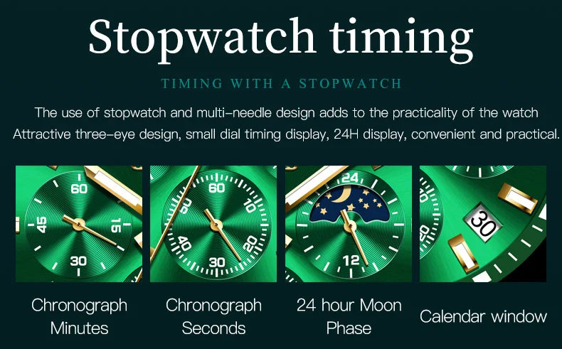 Men's Watches Top Brand Luxury Watch for Men Original Waterproof Stainless Steel Chronograph Moon Phase Date Rota Dial