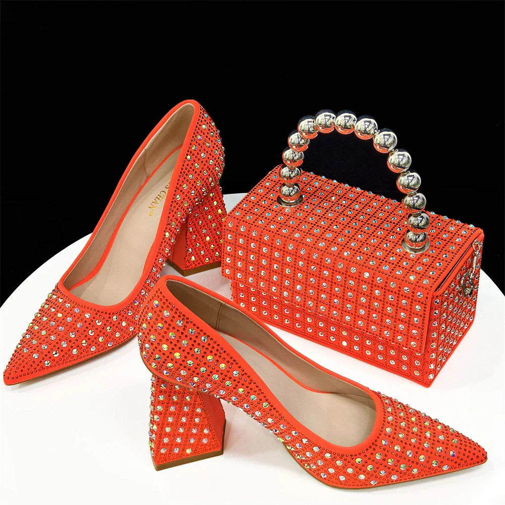 Elegant Women's Yellow PointShoes and Bag Set Rhinestone For Party And Wedding
