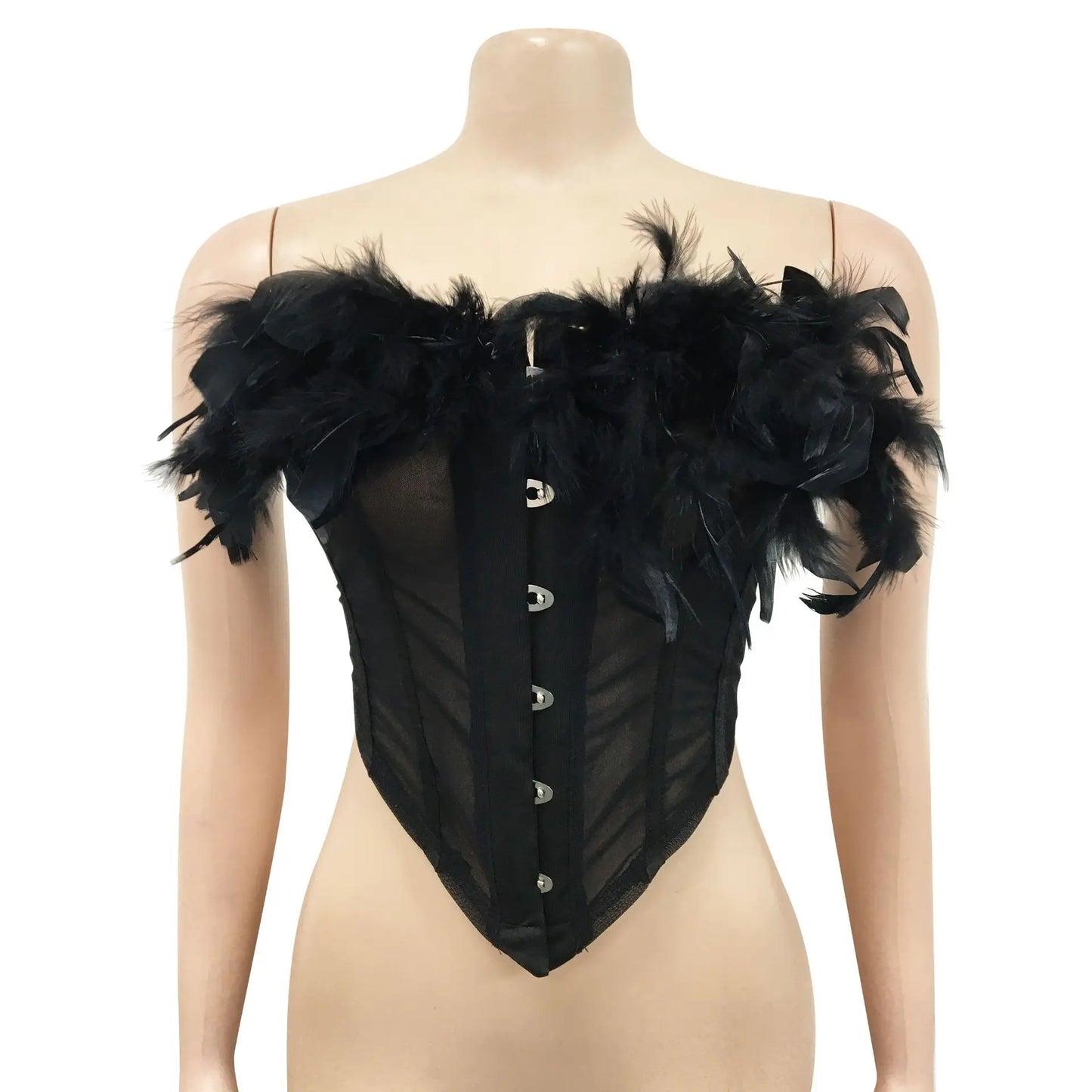 BKLD Co-ord Set Women Fashion Feathers Stitching Mesh Sheer Sexy Summer Two Piece Zip Up Corset Top And Bodycon Short Skirt Sets