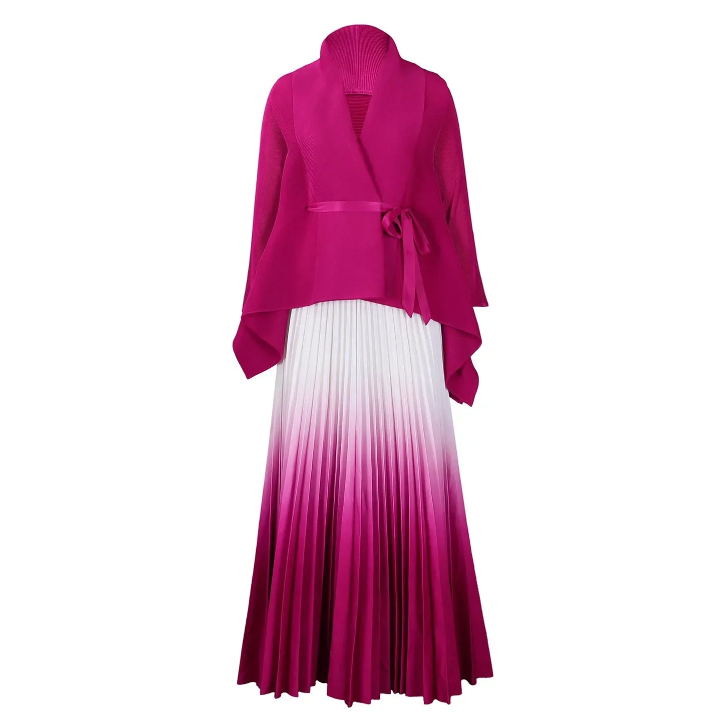 CM.YAYA Gradient Women's Set Full Sleeve Belt Blouse Shirt and Pleated Long Skirts Suit Street Two 2 Piece Set Outfit Tracksuit