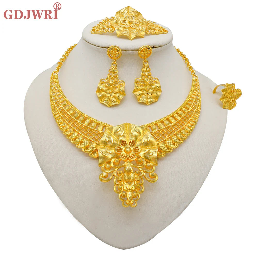 Indian Dubai Gold Color Jewelry Sets For Women Earring & Necklace Nigeria Moroccan Bridal Wedding Party Gifts