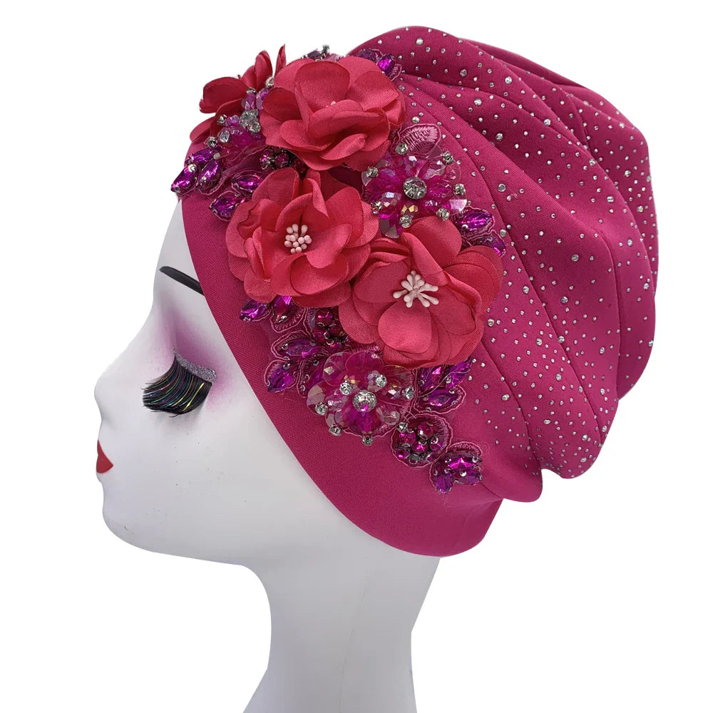 Elegant African Turban Cap with Shiny Rhinestone Ready to Wear Nigeria Auto Gele Headtie Party Women's Head Wrap Bonnet Turbante