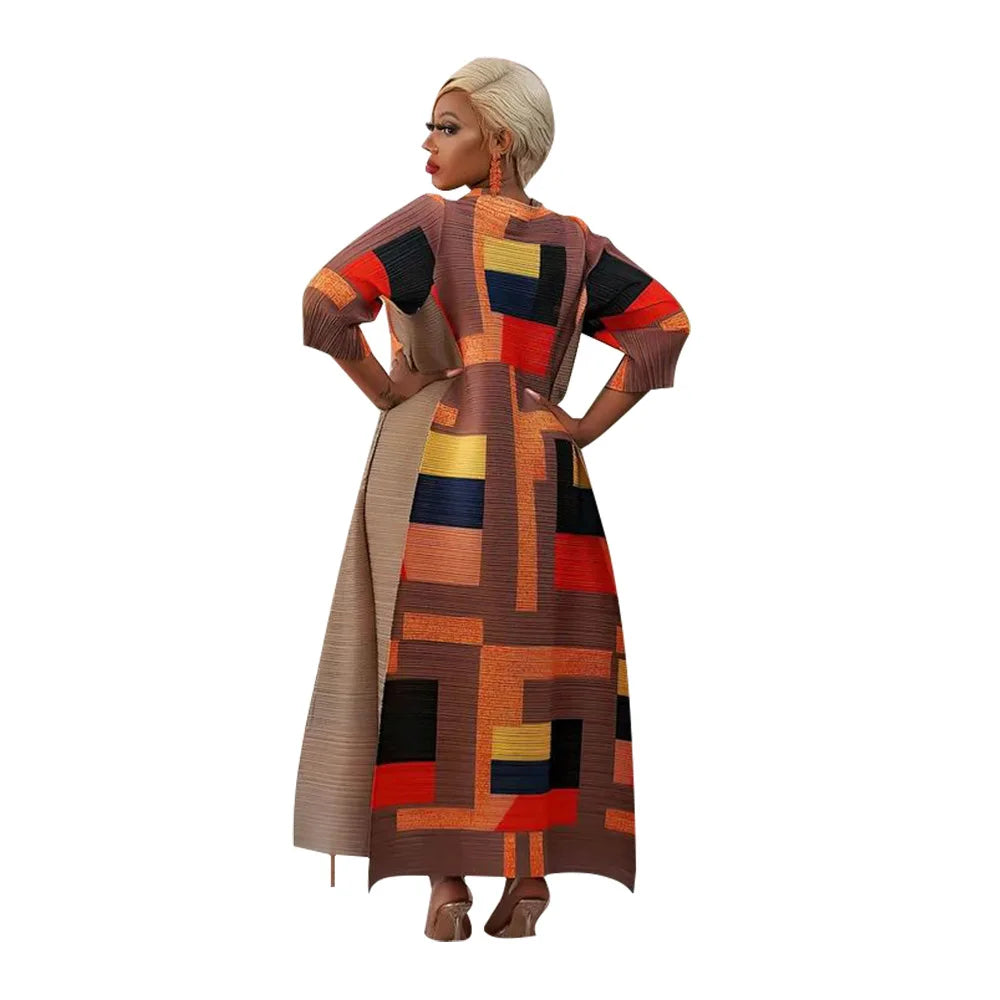 2023 Fashion African 3/4 Sleeve Polyester Plus Size O-Neck Pleated Long Dress Dashiki African Clothes African Dresses for Women