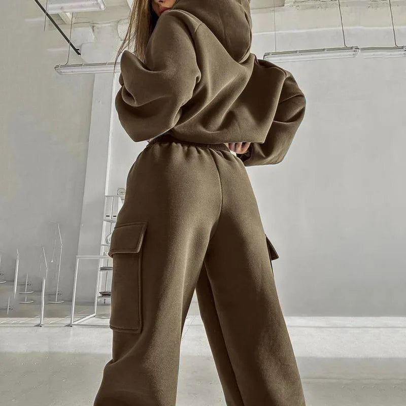 Hoodies Suit Winter Autumn Solid Casual Tracksuit Women Fleece 2 Pieces Set Sports Sweatshirts Pullover Jogger Sweatpants Outfit