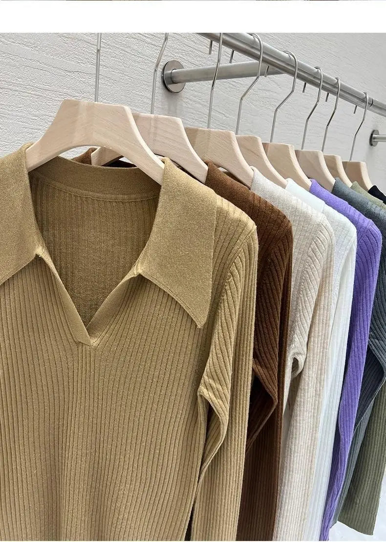 New 2025 Women's Turn-down Collar Long Sleeve Knitted Shirts Tops Solid Thin Sweater Female Elegant Knitwear Jumper Pullovers