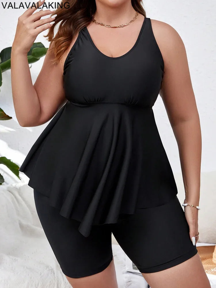 Valavalaki 2025 Solid 2 Piece Plus Size Tankini Set Women Push Up Large Big Swimsuit Beach High Waist Chubby Curvy Bathing Suit