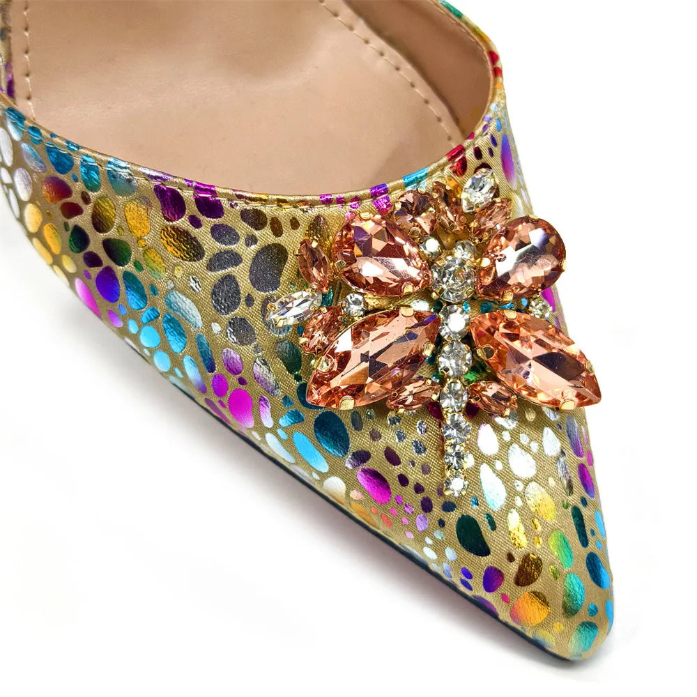 2025 New Yellow Color Thin Heels Pointed Toe Crystal Design Ladies Shoes Matching Bag Set For Women Weeding Party Pump