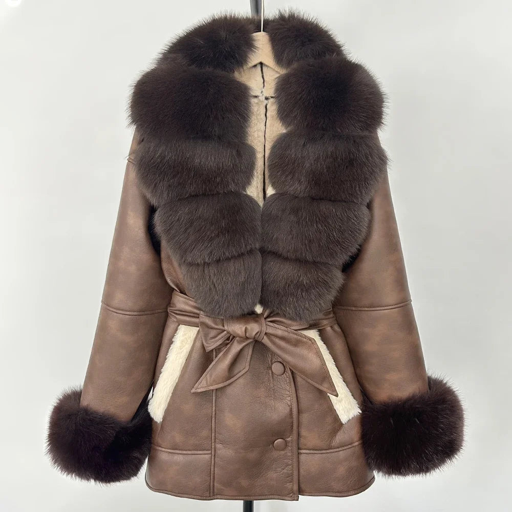 Women's Large Faux Fur Leather Jacket Warm Autumn Winter Outwear High Street Style Thick Warm Fur Turn-Down Collar Single Breasted