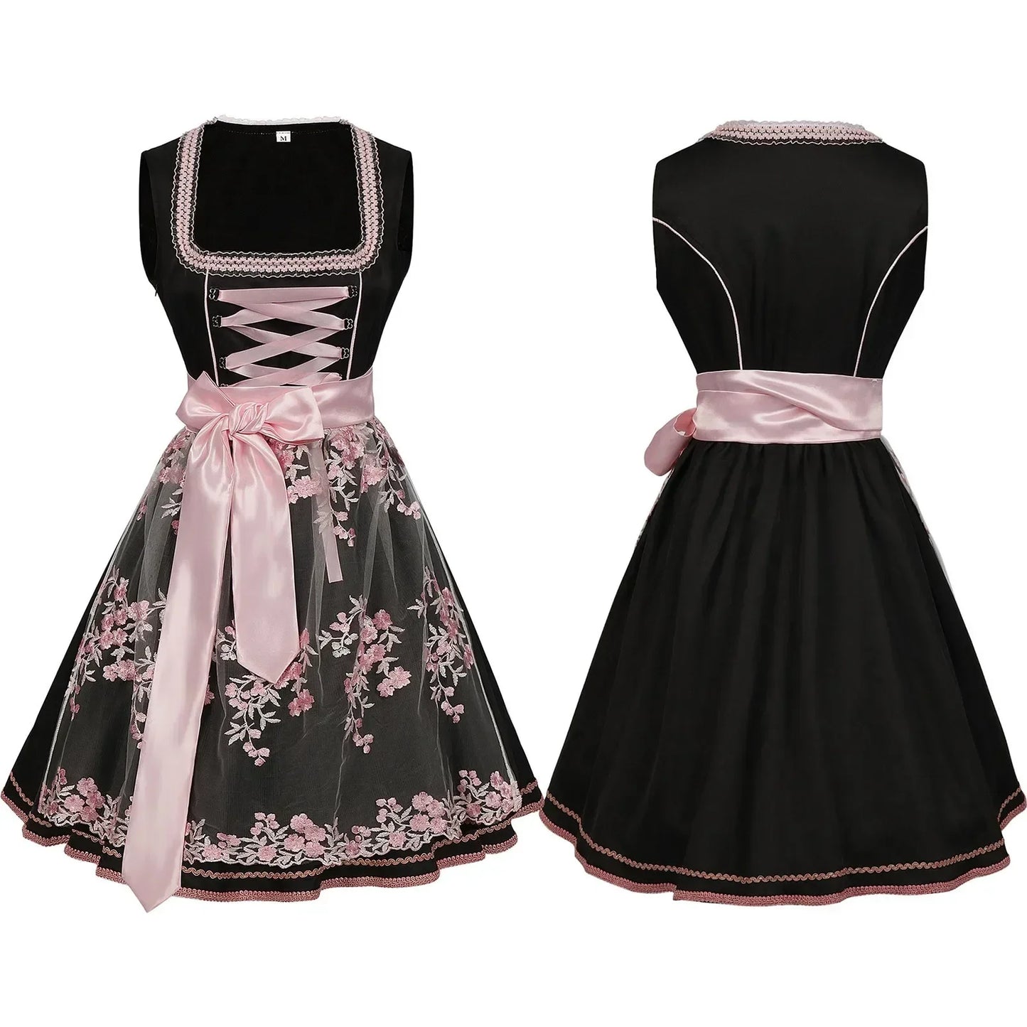 Women’s Black & Pink Dirndl Dress – Bavarian Oktoberfest Costume with Floral Embroidered Apron & Satin Bow