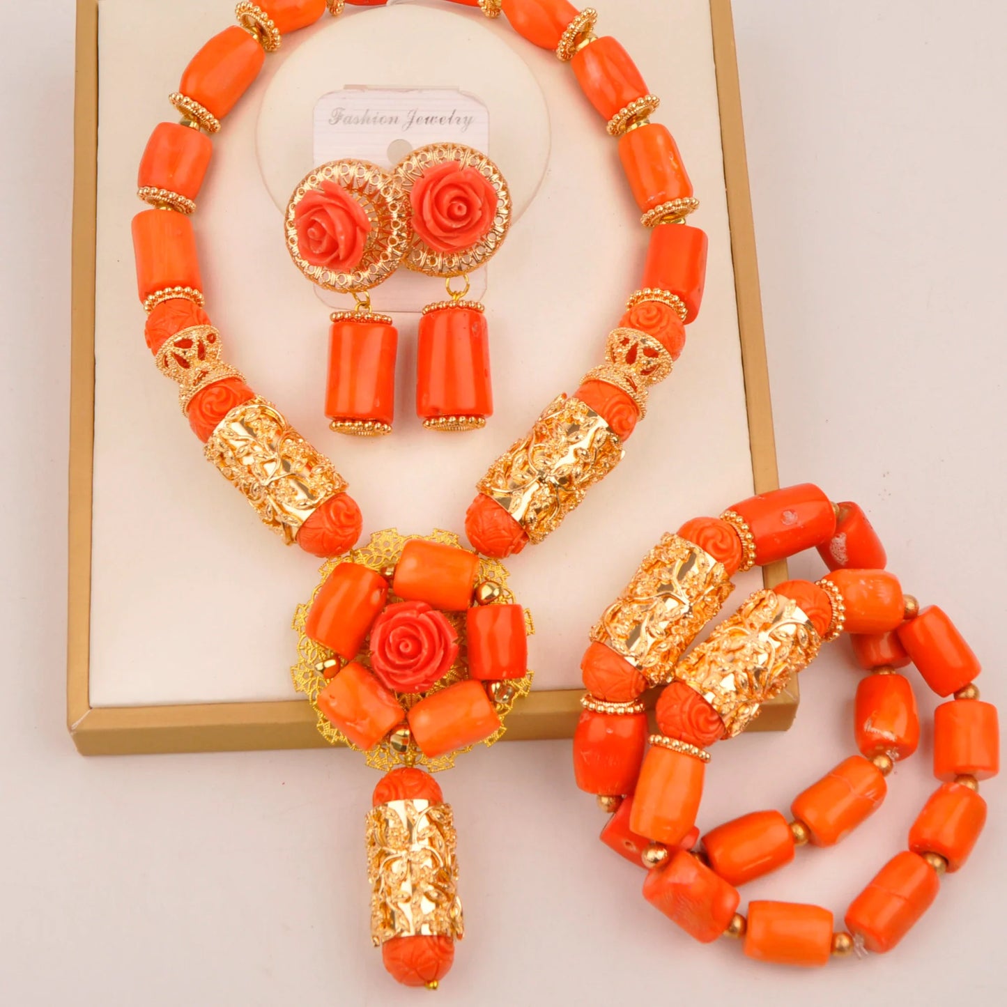 Natural coral beads orange necklace set for stylish Nigerian wedding couple African jewelry