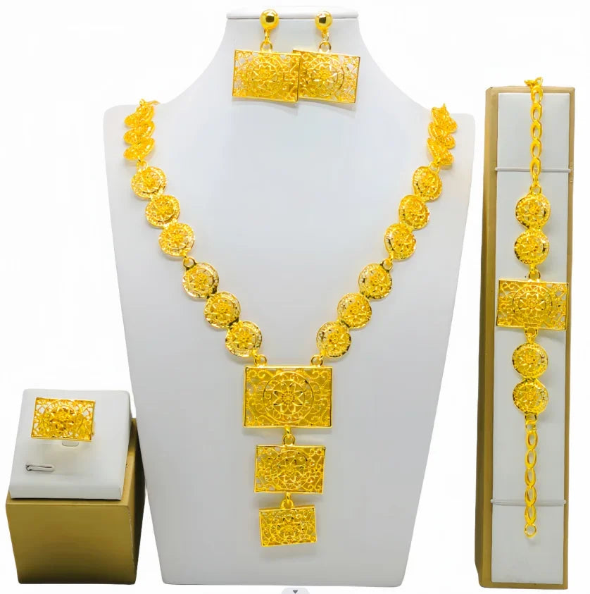 Fashion Dubai Flower Design Luxury 24k Gold Color Women's Jewelry Set African Fashion Bracelet Earrings Necklace Ring Four Piece