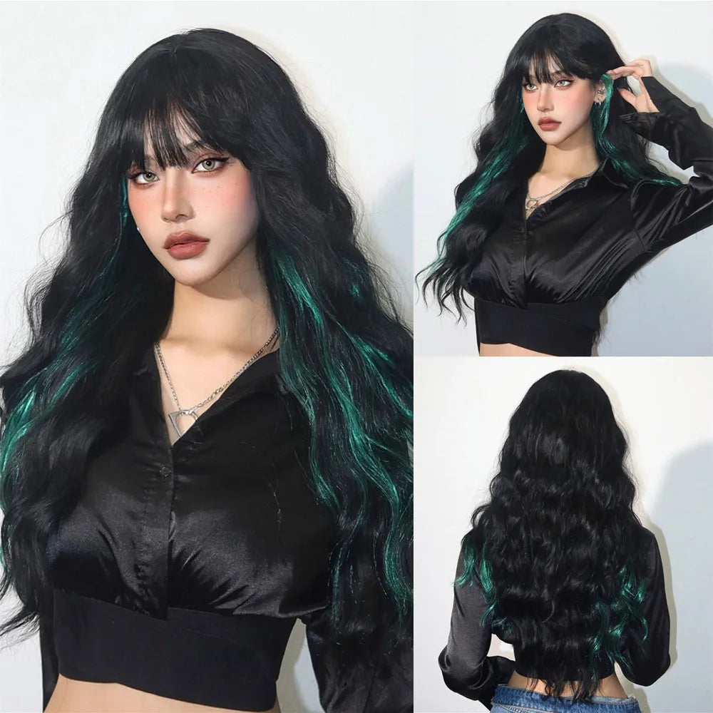 Long Black Green Mix Cospaly Wig Synthetic Hair High Quality Wig for Women Party Daily Use Heat Resistant Straight Natural Wigs