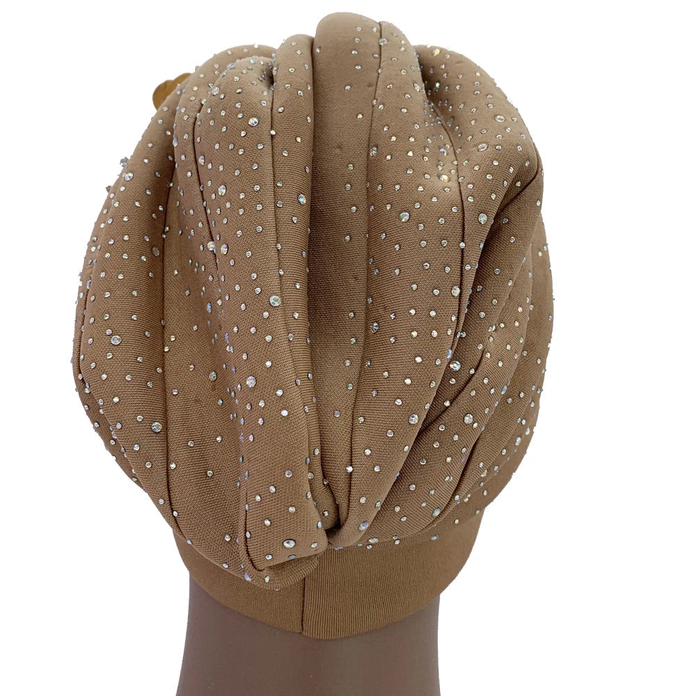 Elegant African Turban Cap with Shiny Rhinestone Ready to Wear Nigeria Auto Gele Headtie Party Women's Head Wrap Bonnet Turbante