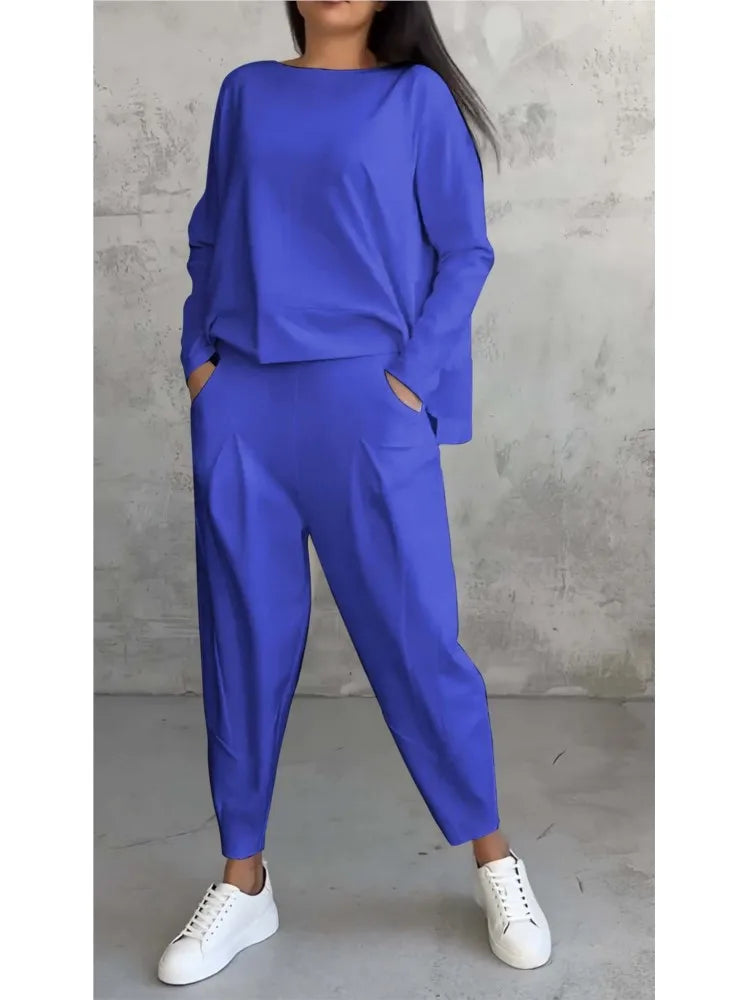 Spring Autumn Solid Women's Sports Set New Fashion Long Sleeve Irregular Loose Top Harem Pants Two Piece Set For Women Outfits