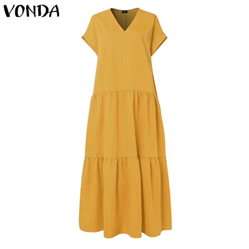 Plus Size Women Bohemian Dress Summer Sundress Solid Color Casual Short Sleeve Party