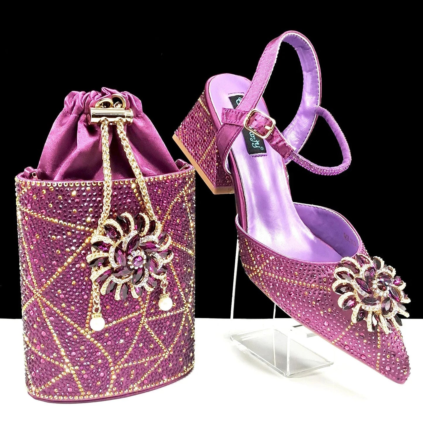 Women's Elegant Pointed Toe shiny Metal Stand Party Shoes and Bag Set