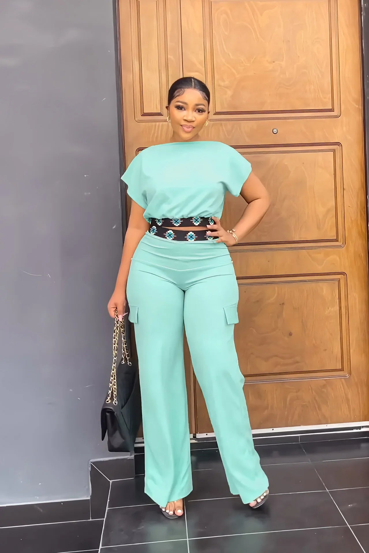Summer Fall Short-sleeve Trousers Women's 2-piece Set Pullover Tops Elasticated Straight-leg Trousers Casual Fashion Suits Women