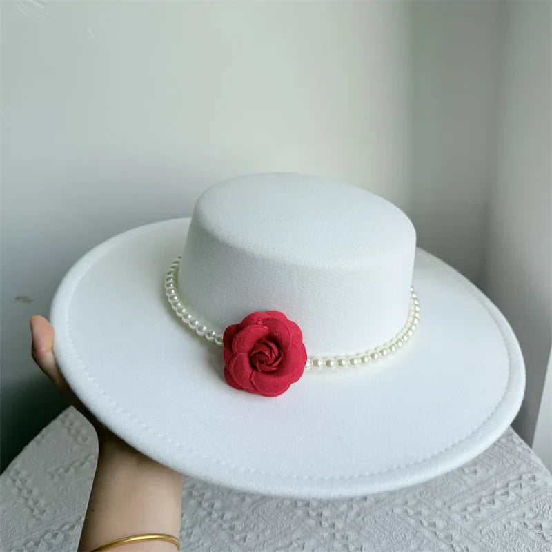 Women's Fashionable Fedora Hat 10CM Wide Brim Flat Top Felt Hats For Wedding And Jazz
