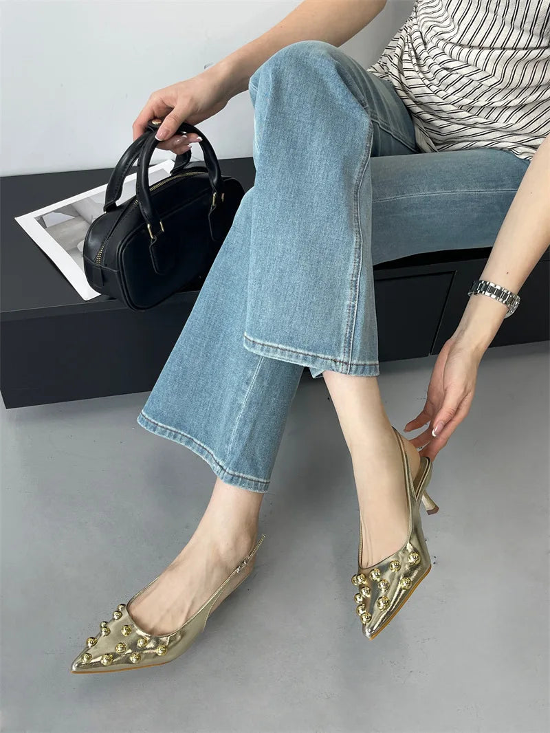Summer 2025 Fashion Rivet Design High Heeled Sandals Women Sexy Pointed Toe Back Strap Dress Shoes Stripper Pumps Zapatos Mujer