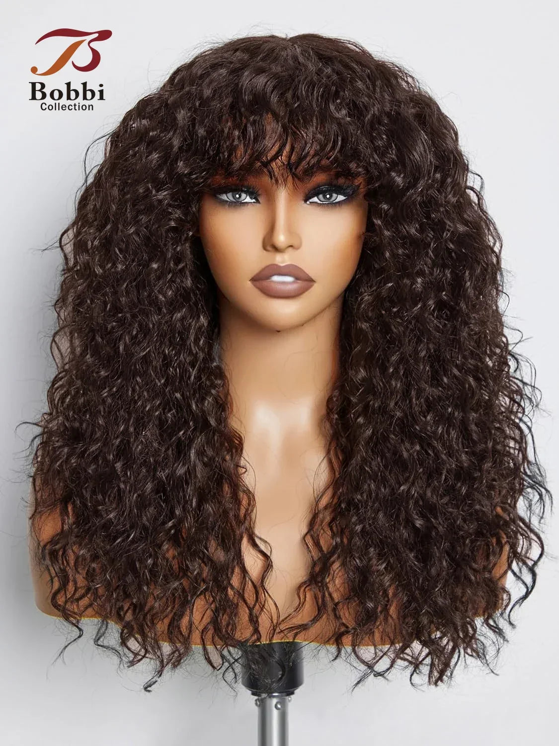 100% Human Hair Wigs with Bang Full Wig Brown Black Highlight Water Wave Machine Made Non Lace Wig with Fringe Bobbi Wig