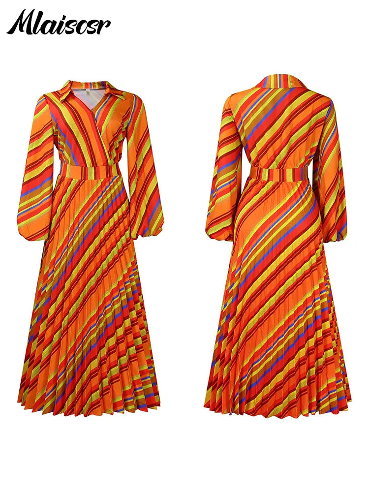 Mlaiscsr Elegant Striped Printed V Neck Long Sleeve High Waisted Pleated Mid Dresses Women Boho Beach Party Evening Vestidos New