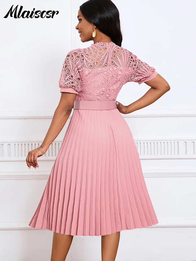 Mlaiscsr Elegant Luxury Wedding Guest Pleated Dresses with Belt Women O Neck Lace Patchwork Short Sleeve Birthday Party Robe New