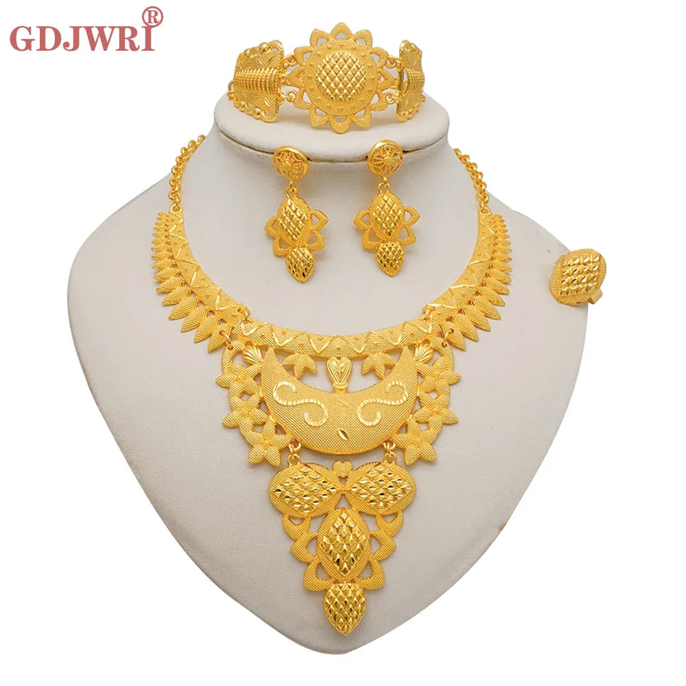 Indian Dubai Gold Color Jewelry Sets For Women Earring & Necklace Nigeria Moroccan Bridal Wedding Party Gifts