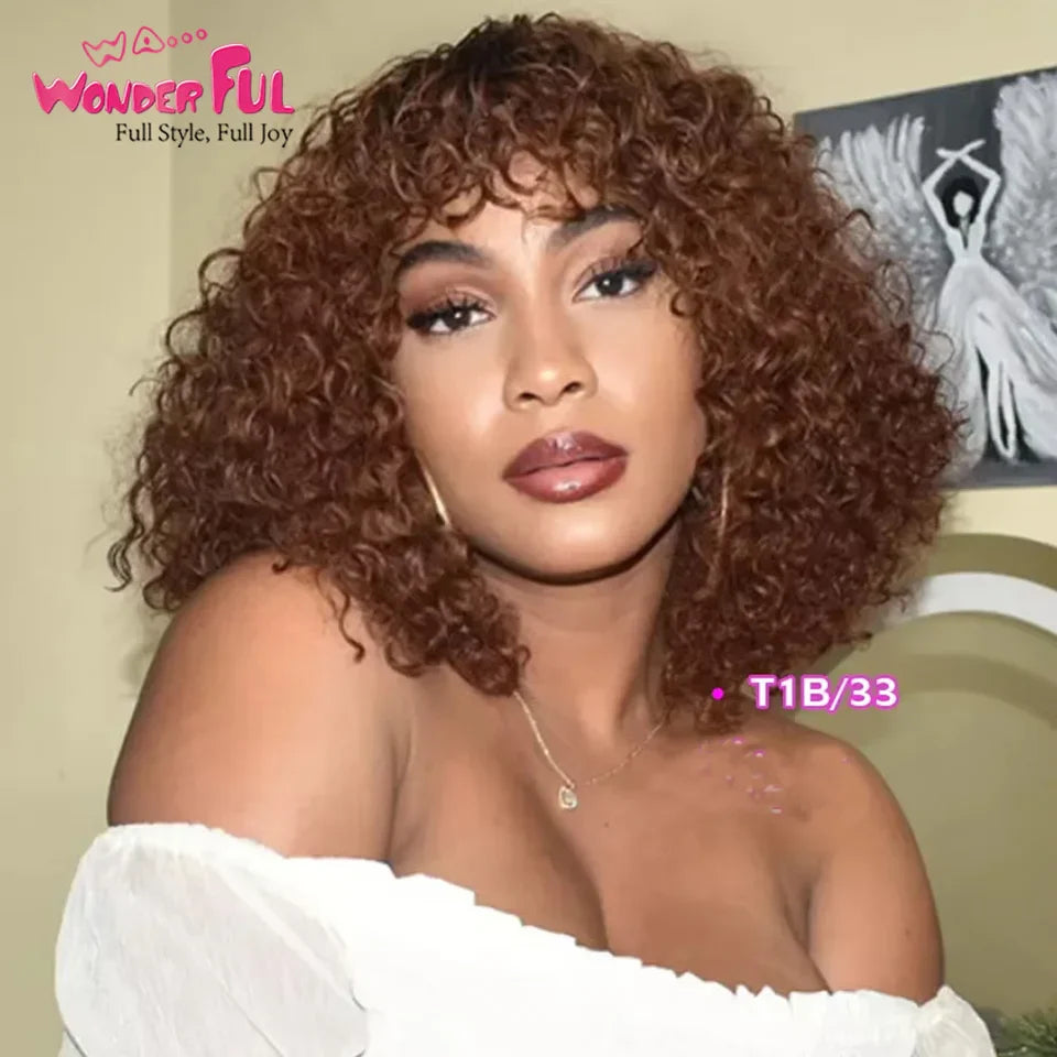 Brazilian Jerry Curl Human Hair Bob Wigs With Bang For Black Women Wonderful Black Dark Remy Bob Hair Machine Made Cheap Wigs