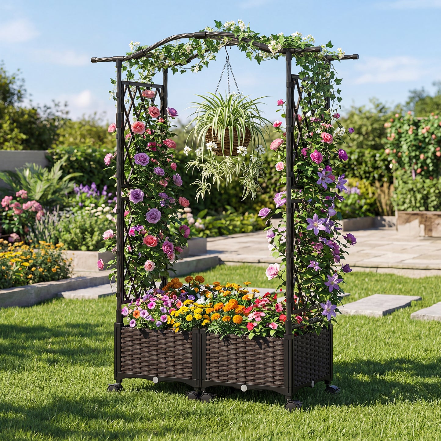 Self-Watering Planter Boxes with Lattice Trellis and Roof for Flower Herb-Brown