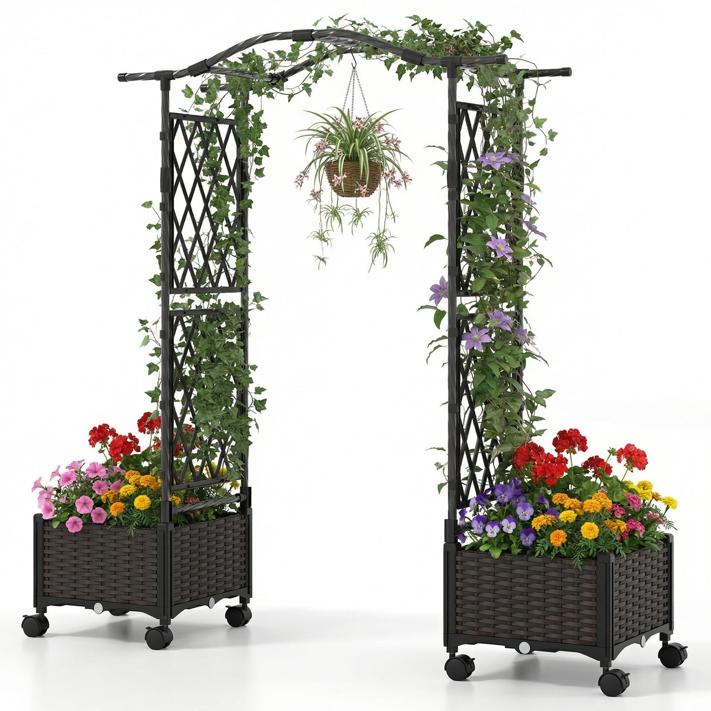 Self-Watering Planter Boxes with Lattice Trellis and Roof for Flower Herb-Brown
