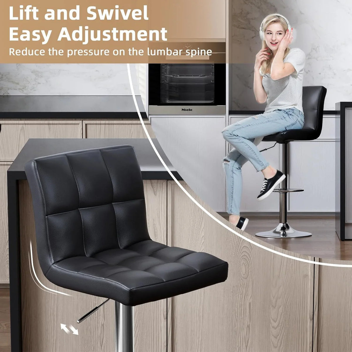 Bar Stools Set of 2 PU Leather Swivel Height Adjustable Chairs - Kitchen Counter