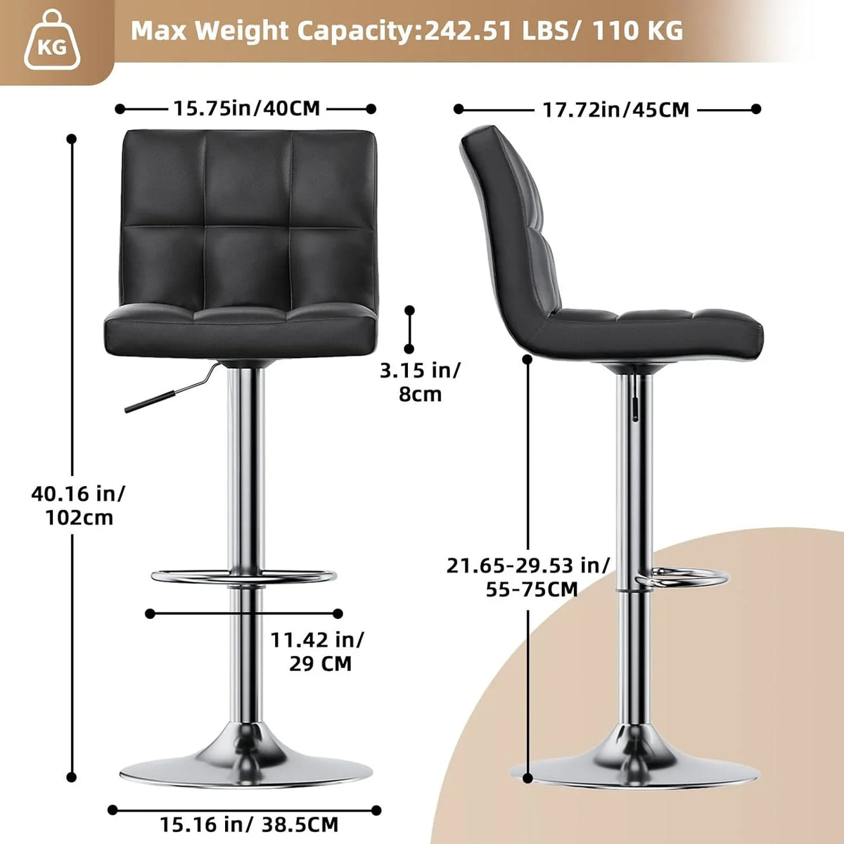 Bar Stools Set of 2 PU Leather Swivel Height Adjustable Chairs - Kitchen Counter