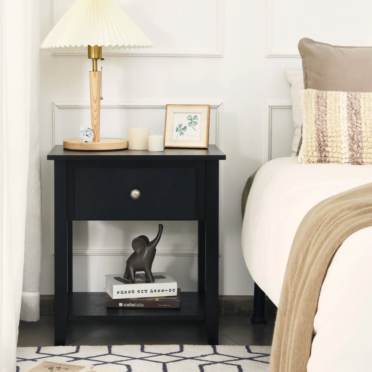 Set of 2 Accent Table Narrow Side End Table with 1 Drawer and Open Storage Shelf-Black