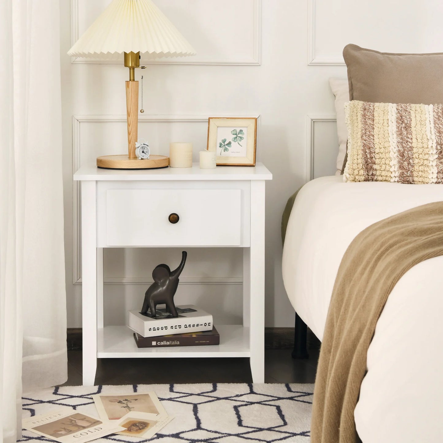 Set of 2 Accent Table Narrow Side End Table with 1 Drawer and Open Storage Shelf-Black